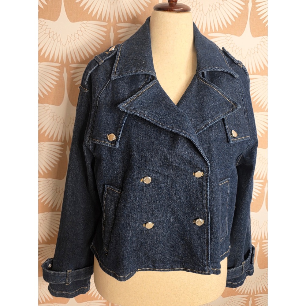 Rebecca Minkoff Blair Wash Denim Jacket Dark Indigo Double Breasted Cropped S - Picture 2 of 7